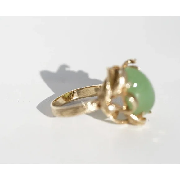 Vintage 10k Solid Gold Natural Untreated Apple Green Jadeite Jade Diamond Ring - Picture 12 of 14